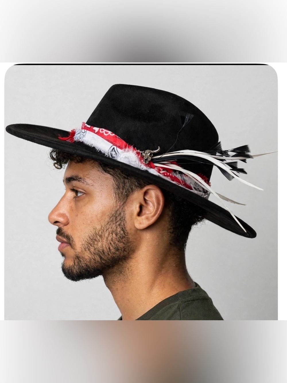 Unique Unisex Stylish Black Hat with Red Bandana and Bull Pin Detail M